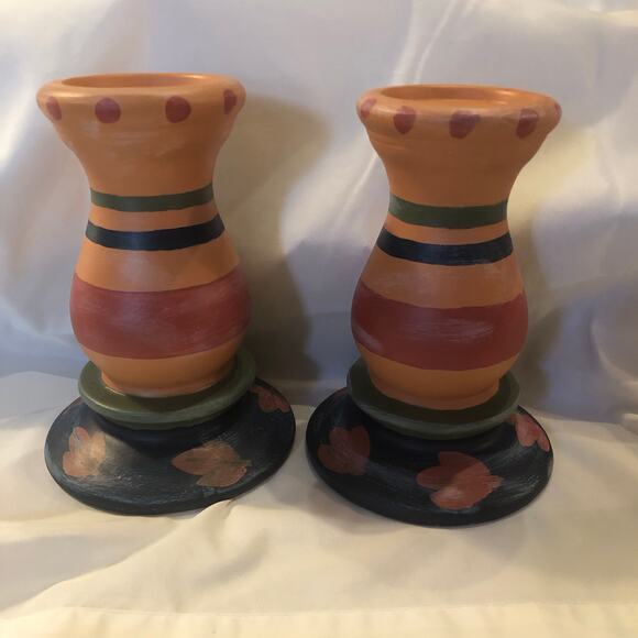 Rustic Primitive Southwestern Terra Cotta Candle Holders Hand Painted - Picture 2 of 7